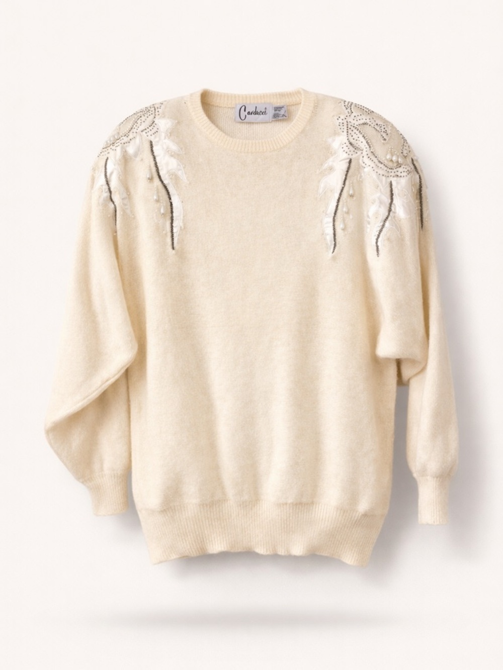 Vintage Carducci Lambswool Angora Embellished Sweater Ivory Beaded Pearls Large